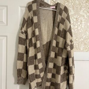 Pink Lily Checkered Cardigan - Brown and Cream